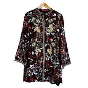 BYM Embroidered Floral Tunic Top Black Red White Blue Gold Womens Size L